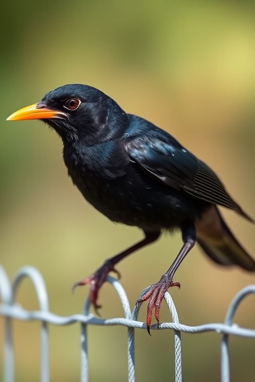 Capture a high-resolution image of a black bird with an orange beak and claws, perched on a fence, using a DSLR camera, 50mm lens, aperture f/2.8, shutter speed 1/500s, ISO 100, with a soft-focus background and natural daylight.