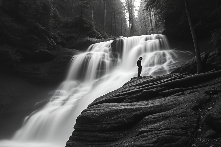 create a high-contrast black and white image of a waterfall in a forest with a person standing on the edge, using a Canon EOS R5, 35mm lens, f/8 aperture, ISO 100, shutter speed 1/4 sec, with a long exposure effect to smooth the water and a moody atmospheric style.