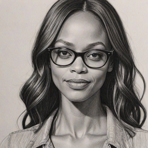 Beauteous Zoe Saldana, pencil sketch, portrait of Gorgeous woman 1966s in glasses, hair style beatnik, outline, clear lines, fine lines, 8k