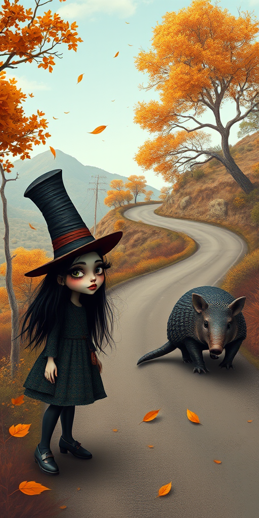 digital art fantasy depicting a strange girl with black hair, long eyelashes, orange lipstick and a tall hat walking along a winding road on an autumn afternoon, an armadillo smiles as he passes