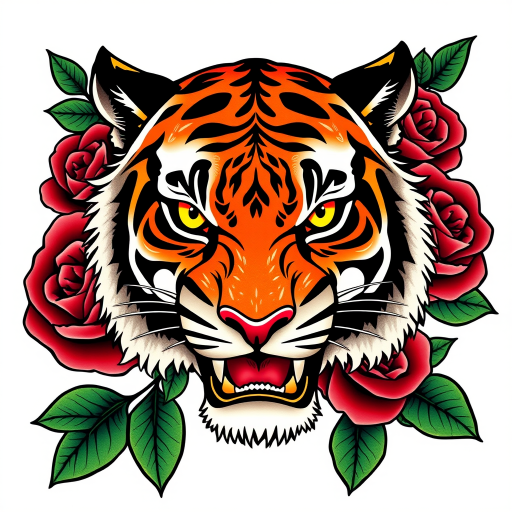 Bold traditional American tattoo of a fierce tiger head with vibrant yellow eyes, surrounded by red roses and green leaves, utilizing thick outlines and solid color fills for a classic, timeless appearance