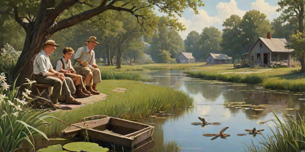Imagine a small group of old fashioned young boys out fishing by the creek, a swing hanging from a tree branch, reeds and grasses by the water's edge, a frog sitting on a lily pad, dragonflies hovering over som water plans, a very iconic old fashioned scene reminiscent of a Norman Rockwell painting style