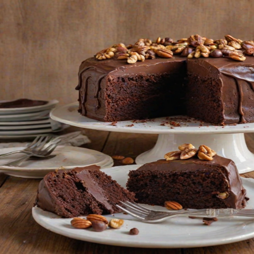 Create an image of a rich chocolate cake with a slice cut out, showcasing a moist interior filled with chunks of chocolate and nuts. The cake should be dusted with powdered sugar on top and placed on a rustic surface. The background should be subtly textured to enhance the cake's appeal.