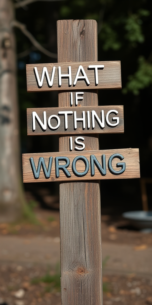 Create an image of a wooden signpost with the text "What if Nothing is Wrong" artistically arranged in a chaotic manner, using a DSLR camera set to f/4 aperture, ISO 100, and a shutter speed of 1/200s, captured from a slightly low angle to emphasize the texture of the wood, using a natural light setting for clarity and vibrancy.