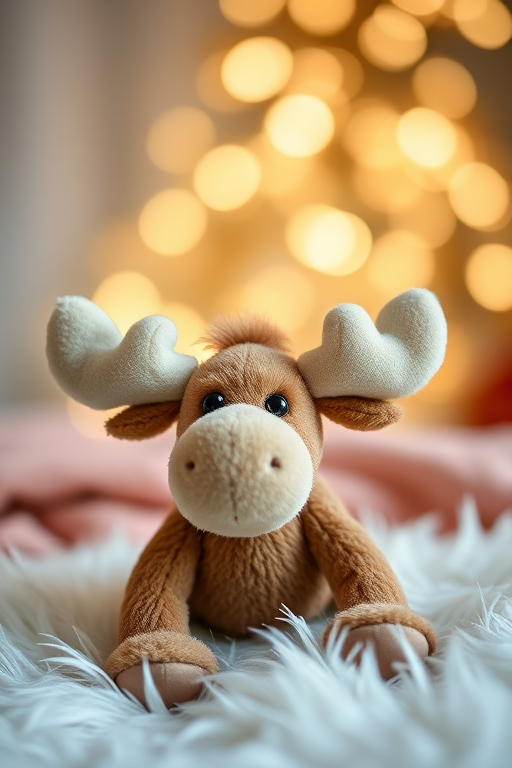 A plush moose toy sitting on a soft white fur background, with soft bokeh lights in the background, captured using a DSLR camera at f/2.8, ISO 100, 50mm lens, natural light, shallow depth of field.