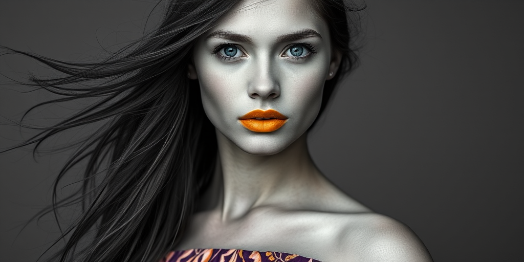 Photographic image of a beautiful young First Nations woman, blue eyes, lips with Yellow lipstick, long hair fluttering in the wind and wearing a silk strapless dress with a soft purple and orange print. monochrome image with only color highlights in the iris of the eyes, lipstick and dress. Gray background.