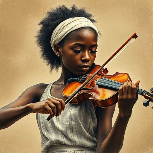 a young Afro-Caribbean woman with a white headband playing a violin, in the style of a charcoal drawing, sepia grunge background