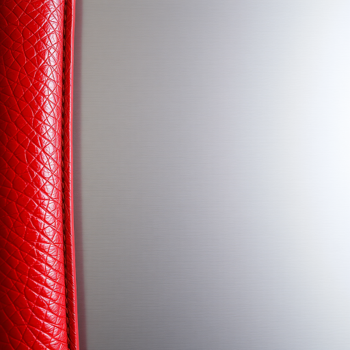 Create an image of a curved red leather surface meeting a brushed silver metal background, shot with a DSLR camera at f/2.8 aperture, 50mm lens, ISO 100, in soft natural light for enhanced texture and detail.