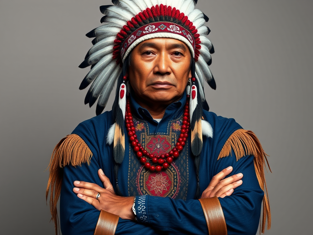 Create a dignified portrait of a Native American man dressed in traditional attire. He wears a beautifully crafted headdress adorned with white feathers and red beads, along with a beaded headband featuring intricate patterns. His clothing includes a deep blue, patterned shirt and a traditional chest piece with detailed beadwork. His arms are crossed, displaying leather armbands decorated with feathers. The background is simple and neutral, emphasizing his proud and stoic expression. The overall image captures the rich cultural heritage and strength of his persona.