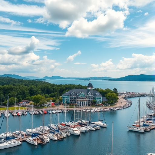 Create a high-resolution image of a marina filled with sailboats, featuring a scenic waterfront building surrounded by lush greenery and distant hills under a partly cloudy sky, captured with a DSLR camera at f/8 aperture, ISO 100, 1/200 sec shutter speed from a bird's eye view perspective.