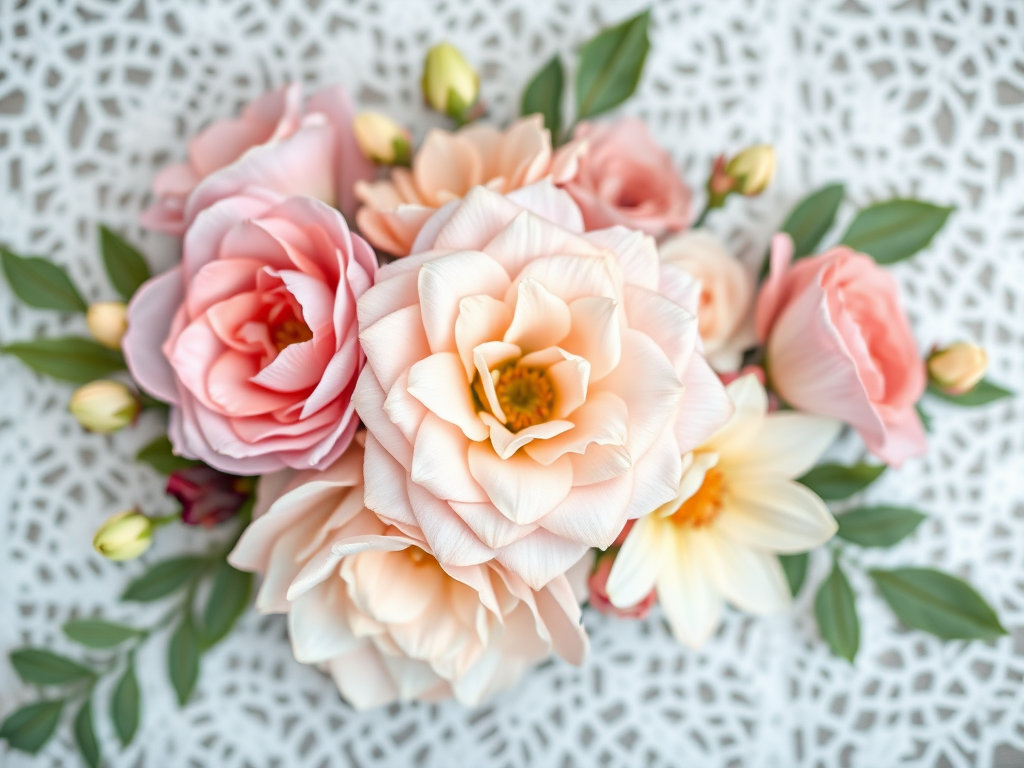 Create a high-resolution floral design with soft pastel colors, featuring intricate lace textures in the background, photographed with a DSLR camera at f/2.8 aperture, 50mm lens, natural light, and a shallow depth of field for a dreamy effect.