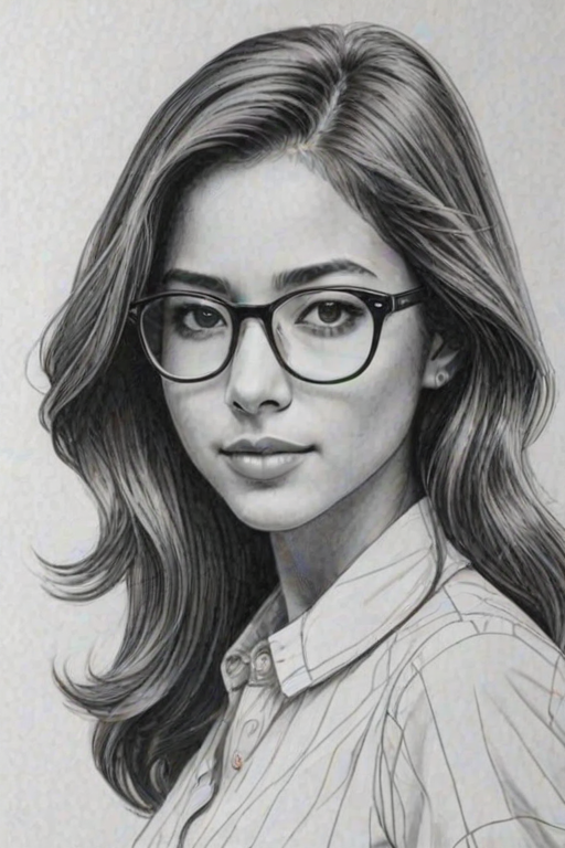 Magnificent Seychelle Gabriel, pencil sketch, portrait of Enticing woman 1978s in glasses, hair style beatnik, outline, clear lines, fine lines, 8k