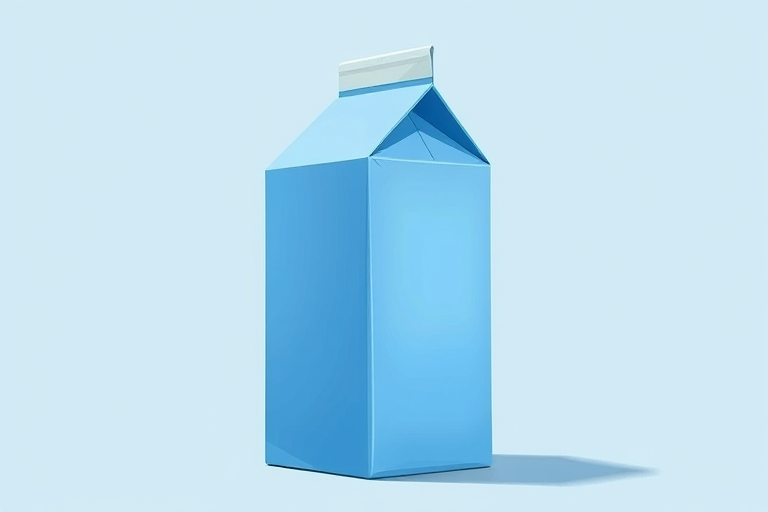 Create a high-resolution illustration of a blue milk carton, with a flat perspective, using a digital painting style, lens 50mm, aperture f/2.8, and brighten the colors for a vibrant look.