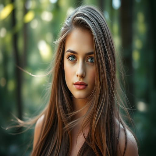 Create a portrait of a young woman with long, flowing hair and captivating eyes, set in a lush forest background, using a Canon EOS R5 camera, 85mm lens, f/1.4 aperture, ISO 100, natural light for a soft and warm tone, with a shallow depth of field to create a dreamy atmosphere.