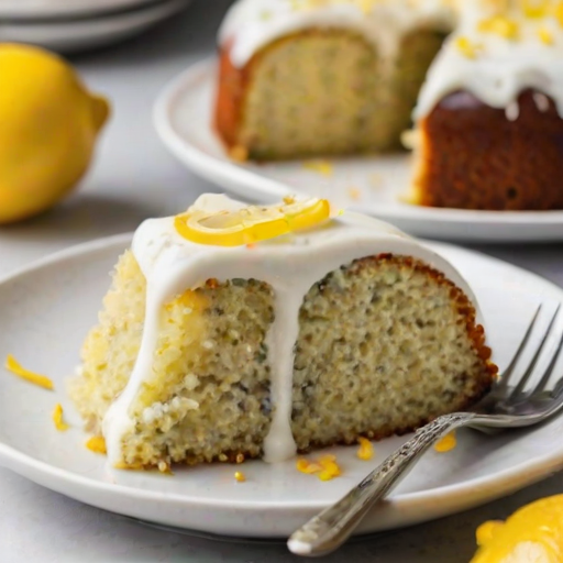 Generate an image of a slice of lemon poppy seed cake on a white plate. The cake has a creamy frosting on top and is garnished with lemon zest. A fork is placed next to the cake, with a small piece of the cake cut out and on the plate. The background should be simple and light to keep the focus on the cake.