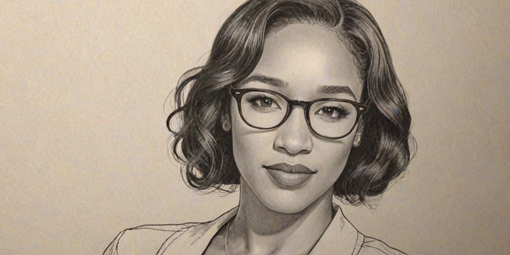 Lovely Candice Patton, pencil sketch, portrait of Pleasing woman 1924s in glasses, hair style beatnik, outline, clear lines, fine lines, 8k