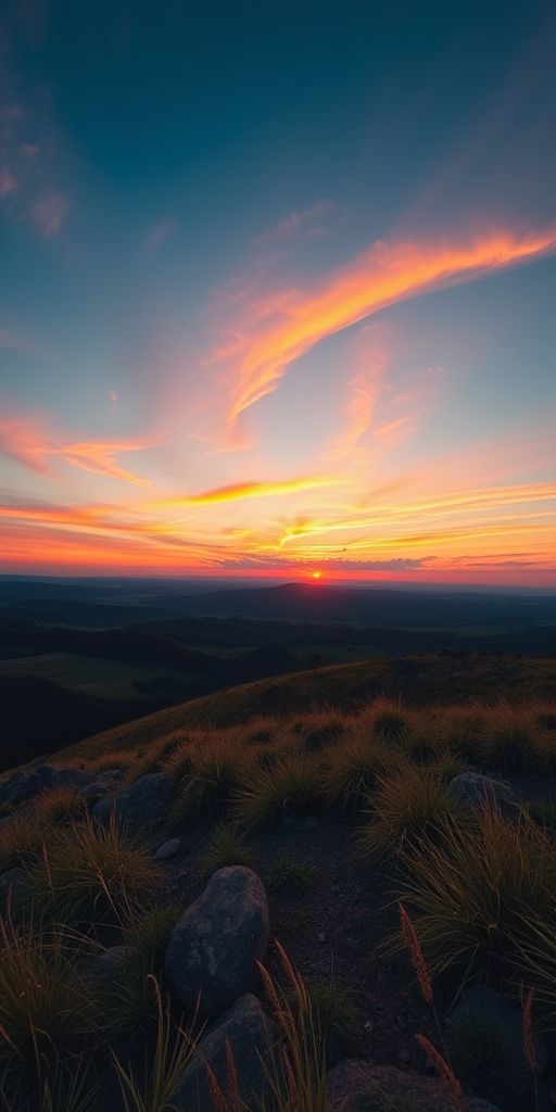 Create a high-resolution image of a serene landscape at sunset with vibrant colors, capturing a wide-angle view using a DSLR camera with a 24mm lens, aperture set to f/8, ISO 100, and a shutter speed of 1/125 seconds for optimal clarity and depth.