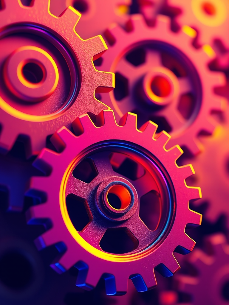 A vibrant, high-contrast illustration of three interconnected gears in various sizes, showcasing intricate details and a glowing edge effect, captured with a DSLR camera at f/2.8, ISO 100, 1/60 shutter speed, wide-angle view, in macro photography style for enhanced clarity and depth.