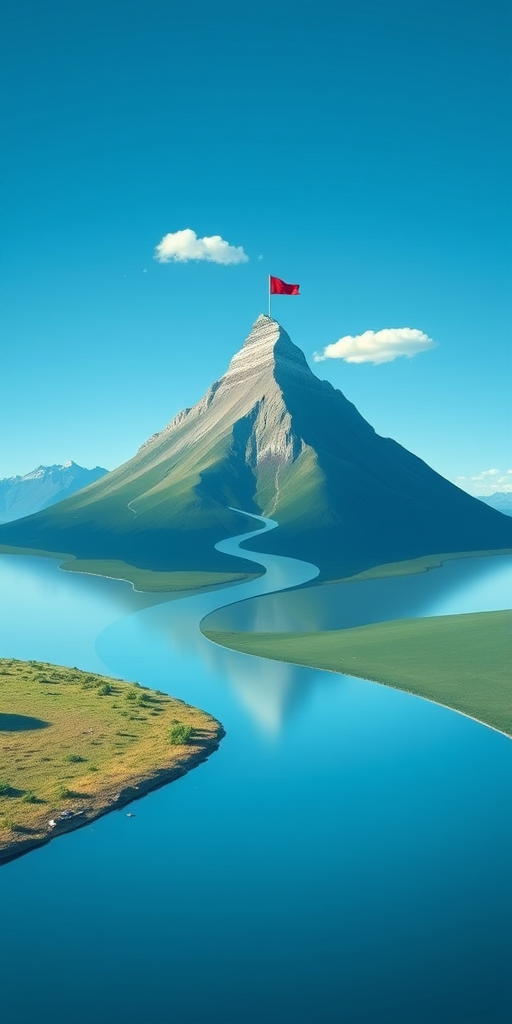 Create an image of a winding river leading up a stylized mountain with a flag at the peak, featuring a bright blue sky with a few clouds, using a high-resolution digital art style, shot with a Canon EOS R5 at f/8, ISO 100, 24mm lens, capturing a panoramic view.