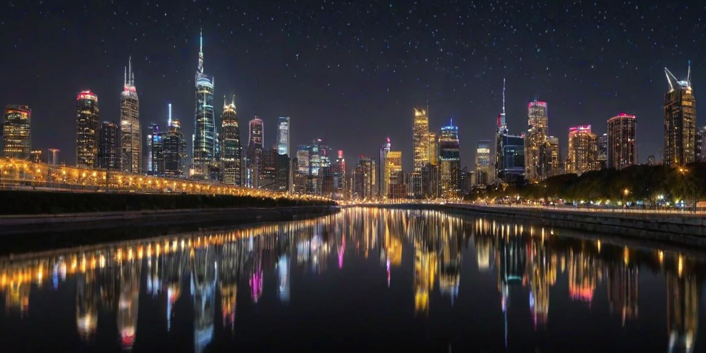 Dramatic city skyline at night, illuminated by a myriad of lights, with skyscrapers reaching towards the starry sky, and a river reflecting the vibrant colors of the buildings.