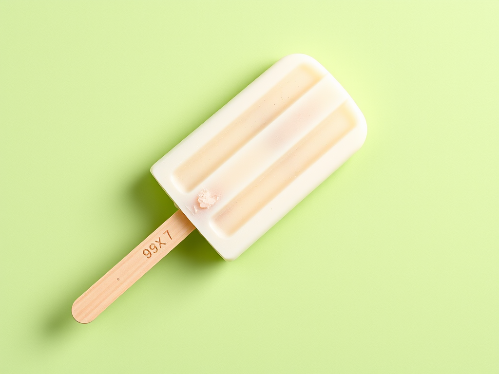 create a realistic, high-resolution image of a vanilla ice cream popsicle with a wooden stick on a soft green background, using a 50mm lens, f/2.8 aperture, ISO 100, and natural lighting for a clean and vibrant look, shot from a straight-on perspective to emphasize the popsicle's shape and texture