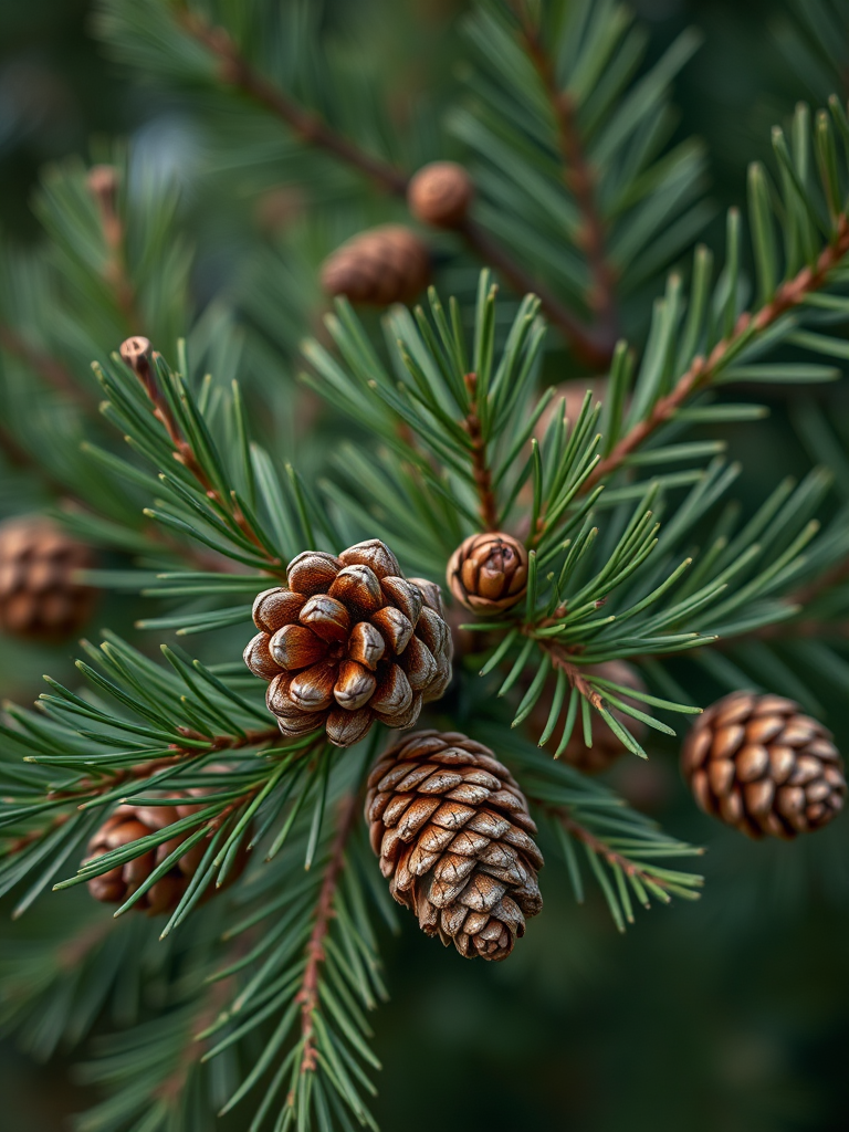 Create a high-resolution image of pine branches with cones, using a macro lens, f/2.8 aperture, 100mm focal length, natural lighting, soft focus background.