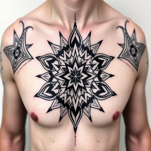 Striking geometric blackwork tattoo named "Sacred Symmetry" featuring precise lines and shapes forming a complex mandala-inspired design, representing balance and harmony as a chest piece