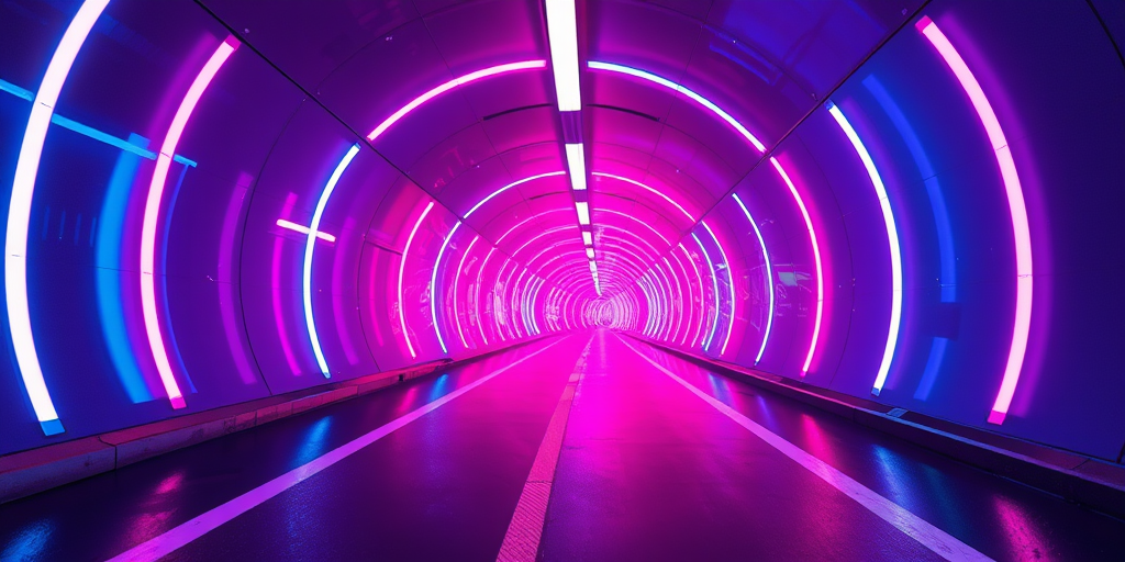 Create a vibrant, futuristic tunnel scene with colorful neon lights in pink, blue, and purple hues, captured with a Canon EOS R5, 24mm f/1.4 lens, ISO 100, shutter speed 1/60s, aperture f/2.8, wide-angle view, and a high dynamic range for enhanced visual effect.
