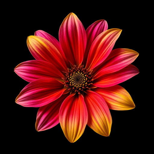 Regenerate a vibrant, multicolored flower illustration with intricate petal details against a black background, shot with a DSLR camera at f/2.8 aperture, 50mm lens, and 1/125s shutter speed for sharp focus and rich color saturation.