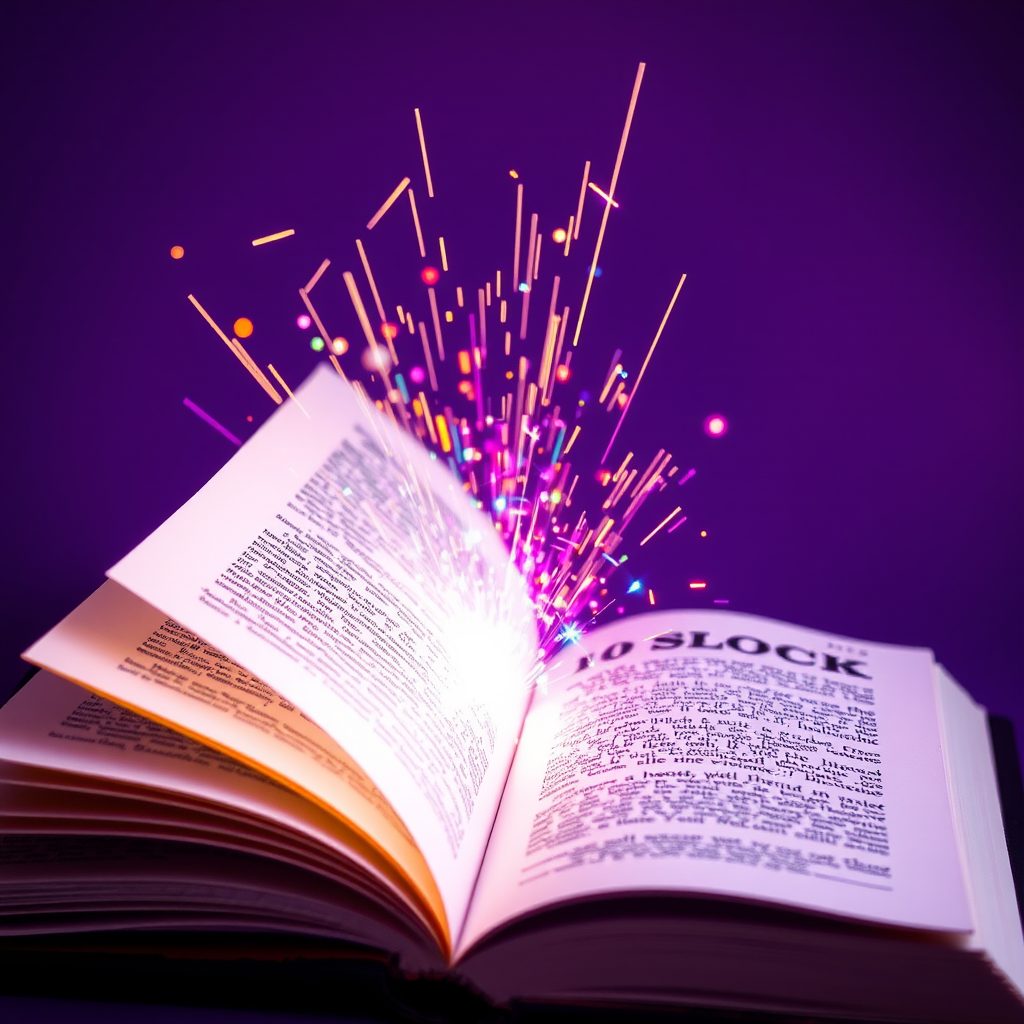 open book with glowing pages emitting colorful sparks and light against a solid purple background, shot with a DSLR camera at f/1.8, ISO 100, 50mm lens, with a macro perspective and high dynamic range for enhanced contrast and vibrancy.
