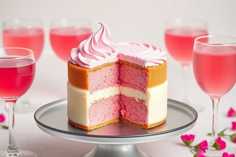 Create an image of a layered dessert with pink whipped cream on top a creamy white layer and a pink layer beneath it. The dessert is partially cut, showcasing the layers, and is served on a round cake stand. Surround the dessert with elegant glassware filled with a pink beverage. The background should be light and soft, enhancing the dessert's vibrant colors.