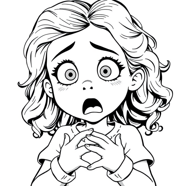 The image is a black and white illustration of a young girl with curly hair. She has a surprised expression on her face with her mouth open and her hands clasped together in front of her chest. Her eyes are wide and her eyebrows are furrowed. Her hair is styled in loose curls that are cascading down her back. The overall mood of the image is one of shock or surprise.