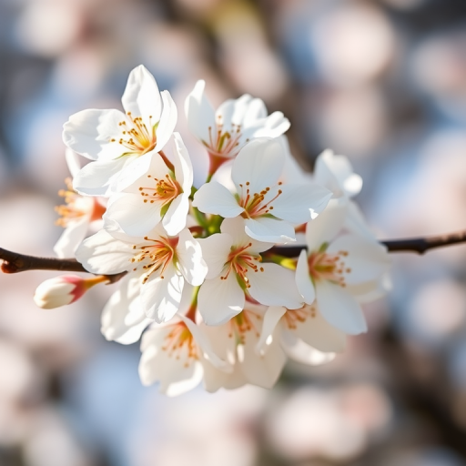high-resolution close-up of white cherry blossom flowers on a branch, soft focus, aperture f/2.8, 50mm lens, natural light, shot with a DSLR camera, shallow depth of field, enhance color vibrancy and detail