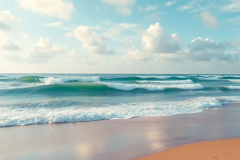 generate a serene beach scene with rolling waves crashing onto a sandy shore under a partly cloudy sky