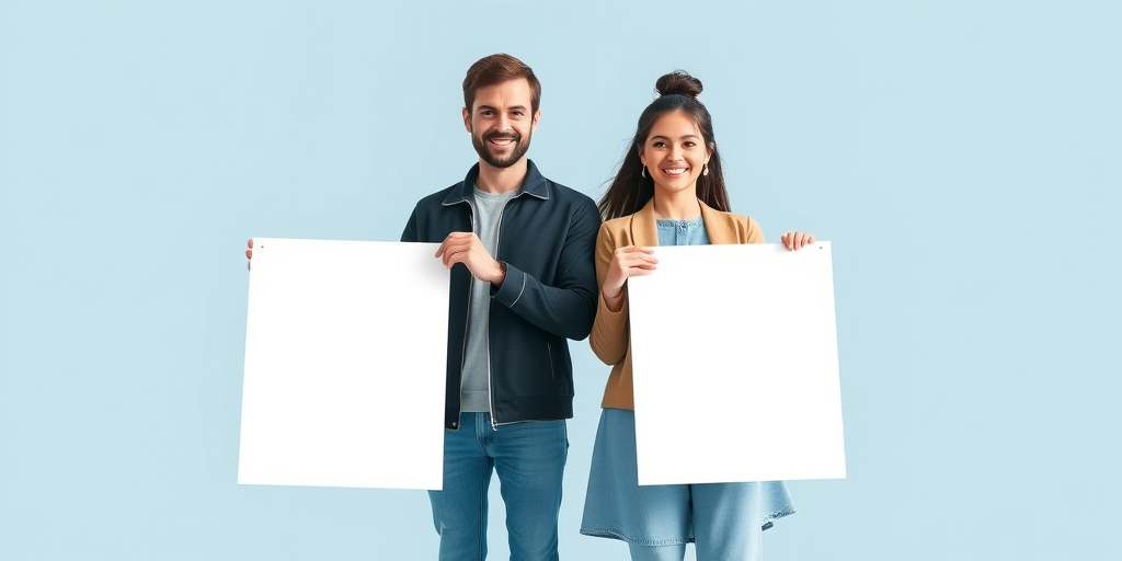 Create an illustration of a man and woman holding a blank white poster, standing against a soft blue background, using a high-resolution digital camera with a 50mm lens, aperture f/2.8, ISO 100, and a shallow depth of field for enhanced focus on the subjects.