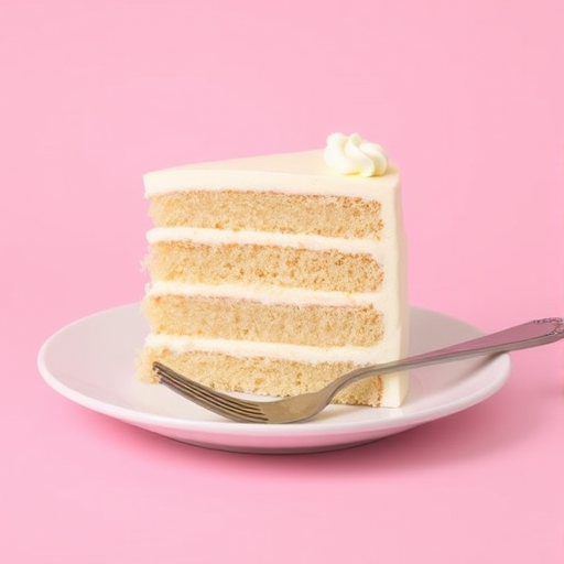 A slice of layered cake with cream filling and frosting on a plate with a fork beside it against a soft pink background.