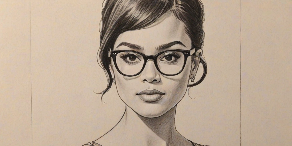 Comely Grace Byers, pencil sketch, portrait of Superb woman 1964s in glasses, hair style beatnik, outline, clear lines, fine lines, 8k