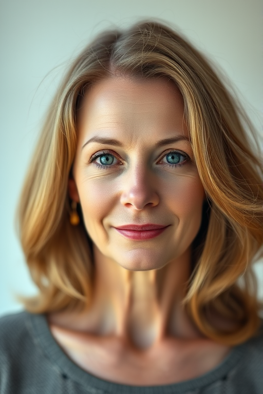 portrait of a middle-aged woman with light brown hair and blue eyes against a softly blurred background, shot with a Canon EOS 5D Mark IV, 85mm lens, aperture f/1.8, ISO 100, natural lighting, centered composition, shallow depth of field.