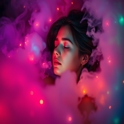 a serene scene of a young woman peacefully sleeping amidst vibrant, swirling clouds of colorful smoke and glittering lights, shot with a Canon EOS R5, 50mm lens, f/1.8 aperture, ISO 100, with low soft lighting and a dreamy bokeh effect