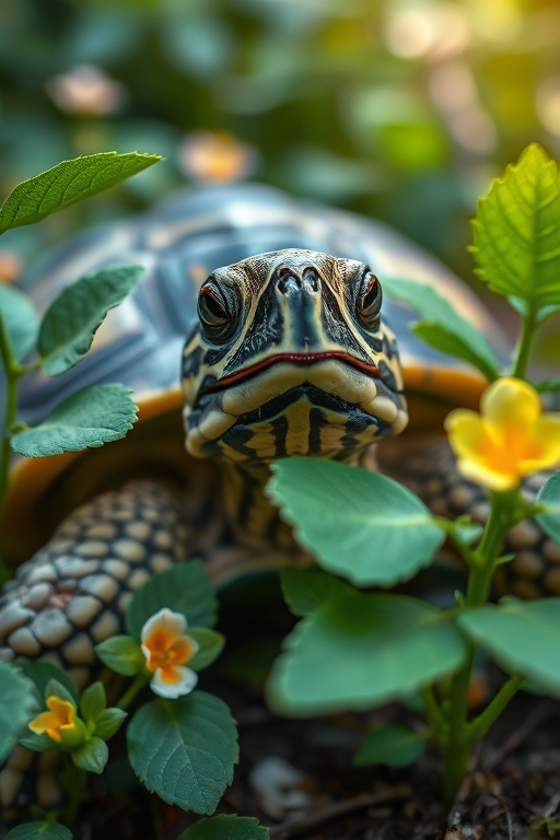 Capture a close-up shot of a tortoise among green leaves and flowers, using a DSLR camera, aperture f/2.8, shutter speed 1/200s, ISO 100, 50mm lens, soft focus background, natural lighting, vibrant colors.
