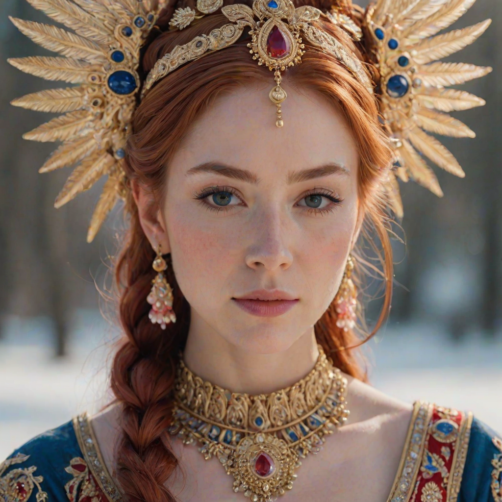 A young woman with long, flowing red hair, wearing a traditional, ornate red and blue costume with gold accents and intricate embroidery, stands facing the viewer in a close-up portrait. Her hair is styled in a high ponytail and adorned with a pair of golden, winged hairpieces. She wears gold earrings and her makeup is accented with light pink blush and a bright red lip. She has a soft and slightly melancholic expression, with her eyes looking directly at the camera. The background is a blurred, out-of-focus snowy landscape, with the woman in the foreground. The lighting is soft and natural, creating a warm, intimate atmosphere. The image is composed using a shallow depth of field, with the woman as the main focal point. The overall style is elegant, delicate, and fairytale-like.