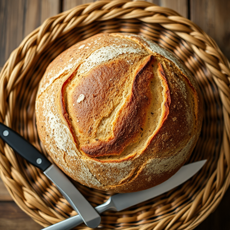 A freshly baked round loaf of artisan bread on a woven basket with a stainless steel knife beside it, shot with a Canon EOS 5D Mark IV, 50mm f/1.8 lens, aperture f/2.8, ISO 100, natural light, top-down view, soft focus background for enhanced depth.
