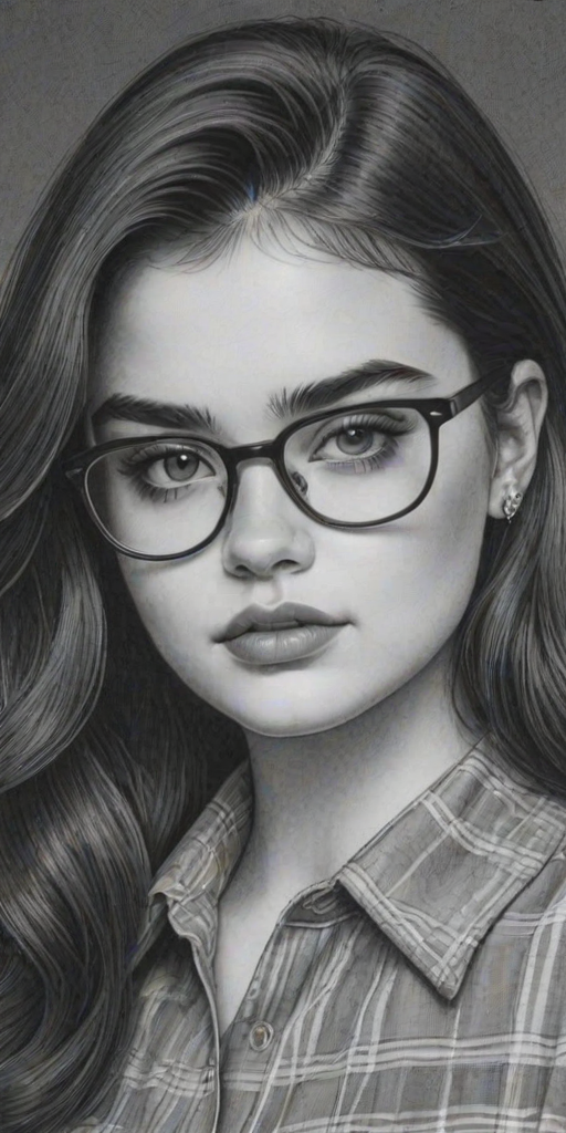 Stunning Barbie Ferreira, pencil sketch, portrait of Stunning woman 1979s in glasses, hair style beatnik, outline, clear lines, fine lines, 8k