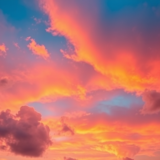 Capture a vivid sunset sky with dramatic orange and pink clouds, using a DSLR camera, 50mm lens, aperture f/2.8, shutter speed 1/100s, ISO 200, shot from a low angle to emphasize cloud texture and depth.
