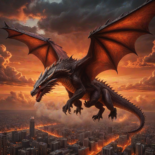 a massive dragon soaring over a burning city at sunset, with dramatic clouds and an intense orange and red sky, ominous and powerful atmosphere