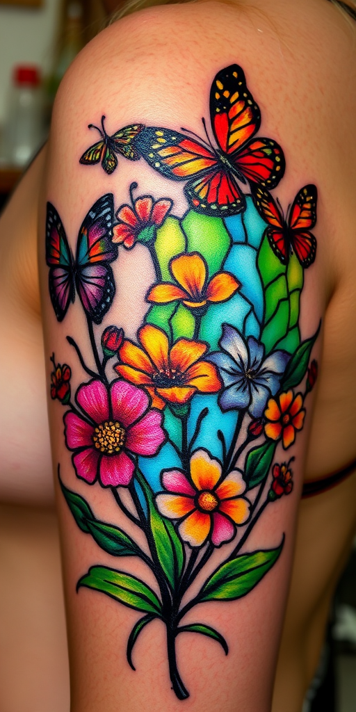 Stained glass tattoo called "Luminary Mosaic" depicting a nature scene with vibrant flowers and butterflies, rendered in the style of a stained glass window with bold black outlines separating distinct color segments, creating a luminous effect on the skin