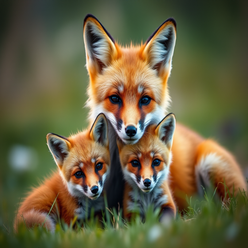 a close-up portrait of a red fox with two kits in a natural setting, soft evening light, f/2.8 aperture, ISO 100, 50mm lens, shallow depth of field, macro photography style, digital camera type