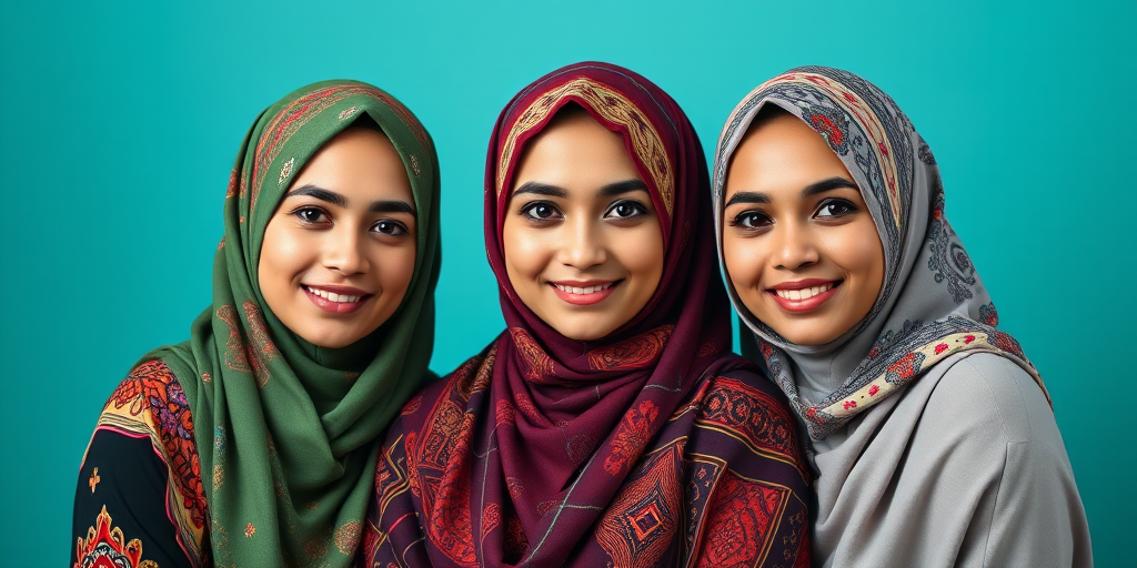 Capture a vibrant portrait of three women in traditional hijabs, showcasing intricate designs and patterns, with soft lighting and a teal background, using a Canon EOS R5, 85mm lens, f/1.8, ISO 100, and a softbox for even illumination.