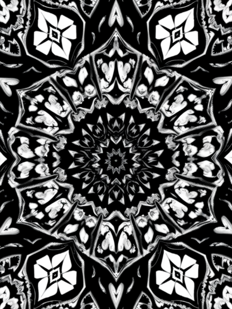 Generate an abstract image of a geometric pattern in black and white with intricate designs, taken with a DSLR camera at 50mm, f/1.8 aperture, ISO 100, using a top-down view and soft-focus style for a dreamy effect.