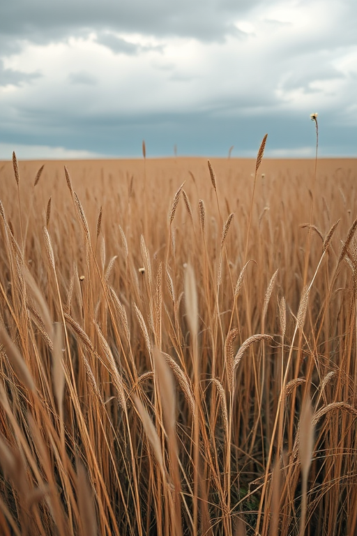 Capture a vast field of tall, dry grass with scattered wildflowers under a moody, overcast sky, using a Canon EOS R, with a 50mm lens, aperture set to f/8, ISO 200, and a shutter speed of 1/200 sec, shot from a low angle to emphasize the depth of the grass.